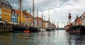 View of the famous Nyhavn, Copenhagen, Denmark, with the canal and moored sailboats