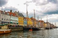 View of the famous Nyhavn, Copenhagen, Denmark, with the canal and moored sailboats