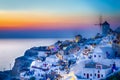 View of Famous Old Town of Oia or Ia at Santorini Island in Greece. Taken During Blue Hour with Traditional White Houses