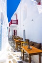 View of the famous pictorial narrow streets of Mykonos town in Mykonos island. Royalty Free Stock Photo