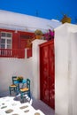 View of the famous pictorial narrow streets of Mykonos town in Mykonos island. Royalty Free Stock Photo