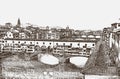 View of the famous Ponte Vecchio bridge over the Arno River in the city of Florence, Tuscany, Italy