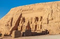 View of the famous rock-cut temple of Pharaoh Ramses II in the village of Abu Simbel