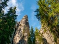 View of famous sandstone rock towers of Adrspach and Teplice Rocks and ancient pines growing between them. Adrspach National Park