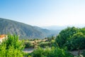 View from famous town of Delphi down to coastal city of Itea Royalty Free Stock Photo