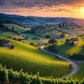 View from famous wine street in south styria, Austria on tuscany like vineyard hills. Tourist destination made with