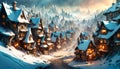 fantasy medieval town in winter at night with ancient timber framed buildings covered in snow Royalty Free Stock Photo