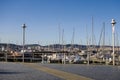 View from far away of the railing of yachts in the Gijon marina