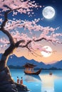 A view from a far of supermoon in a blue sky, deep blue lake, cherry blossoms tree, ancient ship, 8k, nature view