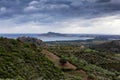 View of Farm Fields and Town on the Sea Coast. Royalty Free Stock Photo