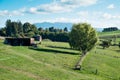 View of farm land at Ohaupo, Waikato, New Zealand NZ NZL looking towards Mount Mt Titiraupenga Royalty Free Stock Photo