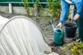 View Of farmer female Watering Garden Plants and soil, Irrigation Water In The Garden. Plastic sprinkling can or funnel