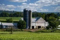 View of Farmlands with Fields of Corn and Alfalfa, Barns and Silos on a Sunny Summer Day