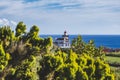 View of Farol da Ponta da Ferraria lighthouse from Miradouro da Ilha Sabrina, Sao Miguel Island, Azores, Portugal Royalty Free Stock Photo