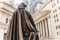 View from Federal Hall of the statue of George Washington and the Stock Exchange building in Wall Street, New York City. Royalty Free Stock Photo