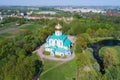 View of Fedorovsky Cathedral on a sunny May day. Tsarskoye Selo, Russia aerial photography