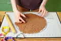 View of female hands squeezing out homemade cookies from rolled gingerbread dough with culinary molds