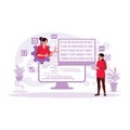 View of a female programmer working with the laptop. Program development concept.