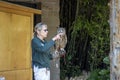Tacoma, WA USA - circa August 2021: View of a female zoo staff member handling a great horned owl in front of a crowd of people at