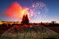 A view of festive flowers and a salute on the day of victory on