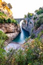 View on Fiordo di Furore arc bridge built between high rocky cliffs above the Tyrrhenian sea bay in Campania region. Unique cove Royalty Free Stock Photo