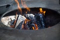 View of the fire with coals in the oval hole of the brazier.