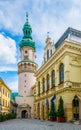 View of the fire tower and the town hall in Sopron, Hungary...IMAGE Royalty Free Stock Photo