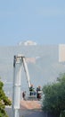 View of firefighters using platform truck to extinguish fire Royalty Free Stock Photo