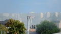 View of firefighters using platform truck to extinguish fire Royalty Free Stock Photo