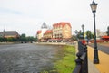 View of the Fish village, Kaliningrad, Russia. Vintage street lights. Royalty Free Stock Photo