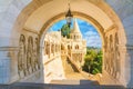 View on the Fisherman`s Bastion. Arch gallery and Arpad-era warrior statues with staircase