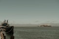 Two San Francisco landmarks - Alcatraz island and historical submarine Royalty Free Stock Photo