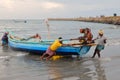 View of a fishermen with fishing boats in Kanyakumari. Royalty Free Stock Photo