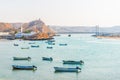 View of fishing boats anchoring in a bay in the Omani town Al Ayjah