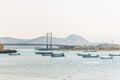 View of fishing boats anchoring in a bay in the Omani town Al Ayjah