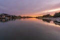 View of fishing huts at sunset near Comacchio valley Royalty Free Stock Photo