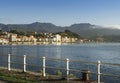 View of the fishing village of Ribadesella at sunset.