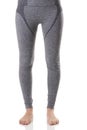 View of fit woman legs standing straight in gray sports thermal underwear with pattern.