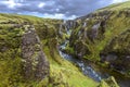 View of Fjadrargljufur Canyon towards the Atrantic Ocean, via the downstream of Fjadra river. South East of Iceland