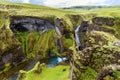 View of Fjadrargljufur Canyon towards the waterfall, and upstream of Fjadra river. South East of Iceland