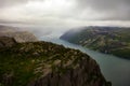 view on the fjord lake from Pulpit Rock, view from the ascending path, Lysefjord, Norway. Scandinavian landscape