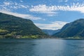 View from the fjord towards the village of Flem