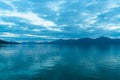 View of the fjord from Tromso on the island of Tromsoya at dusk Royalty Free Stock Photo