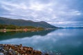 View of the fjord from Tromso on the island of Tromsoya at dusk Royalty Free Stock Photo