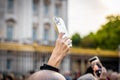 View of the flag waiving above the Buckingham palace soon after the queen`s death and new king`s ascention, London Royalty Free Stock Photo