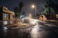 view of flash flood rushing down the middle of a deserted street in the night