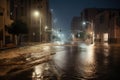 view of flash flood rushing down the middle of a deserted street in the night