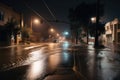 view of flash flood rushing down the middle of a deserted street in the night