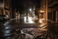 view of flash flood rushing down the middle of a deserted street in the night