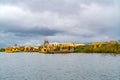 View of Floating Islands of Uros with Uru or Uros people and Reed Boats Royalty Free Stock Photo